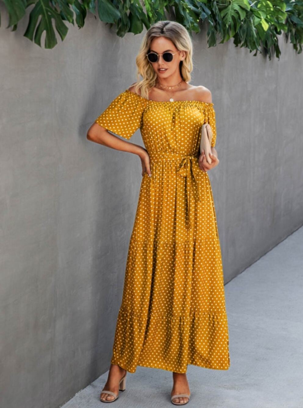 Shein Lune Polka Dot Off the Shoulder Belted Dress Gold White Women's Size 10